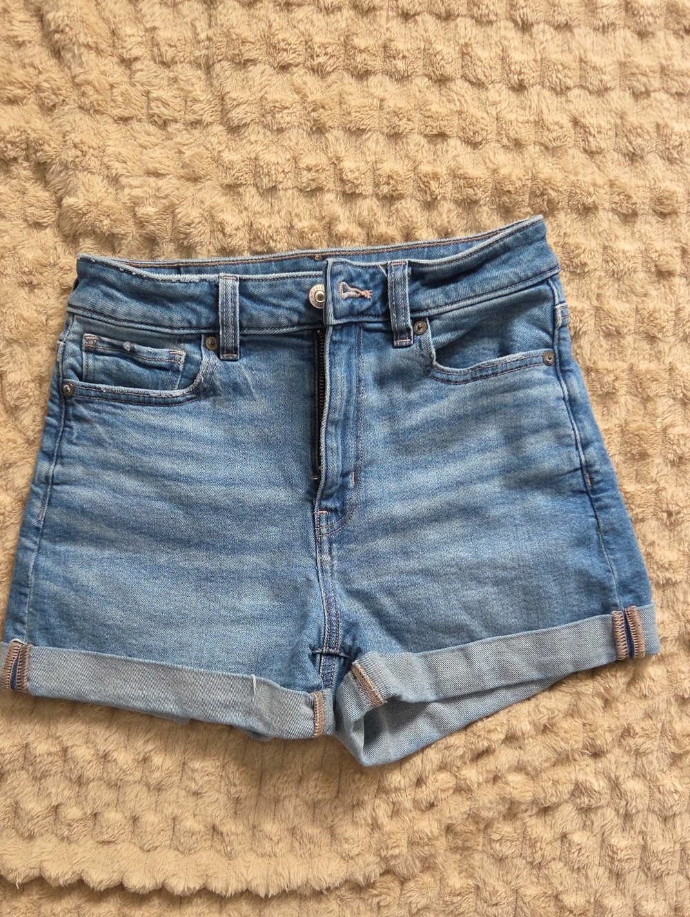 American Eagle Outfitters Light Blue High-Rise Rolled Denim Shorts